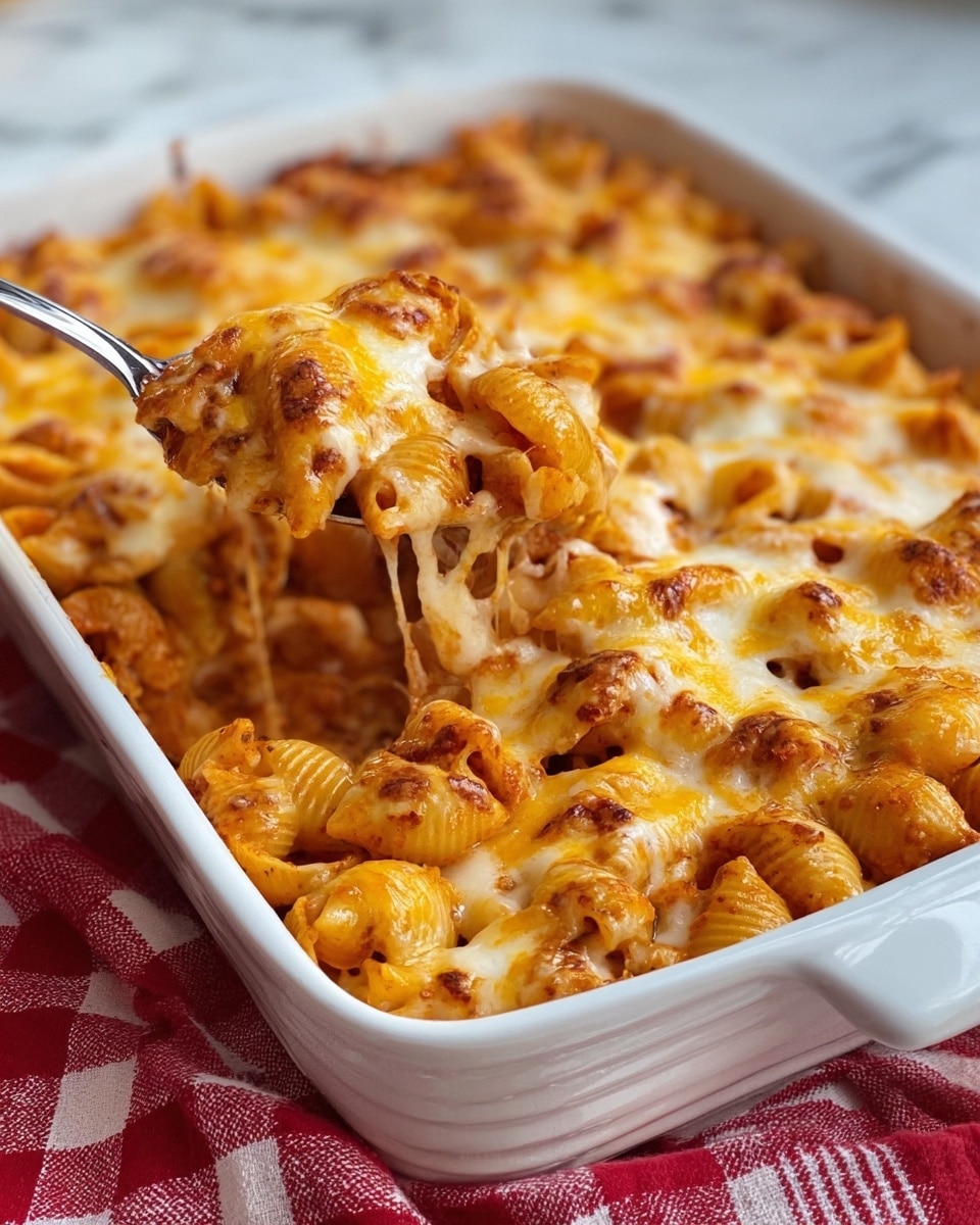 A white baking dish filled with baked pasta shells covered in melted, golden-brown cheese. The pasta looks soft and coated in a reddish sauce beneath the cheese layer. A spoon lifts a scoop showing two clear layers: the top layer is bubbly melted cheese in orange and light brown shades, and the bottom layer consists of shell pasta mixed with sauce, giving off a rich, saucy texture. The dish sits on a white marbled surface with a red and white checkered cloth partially visible beneath it, photo taken with an iphone --ar 4:5 --v 7