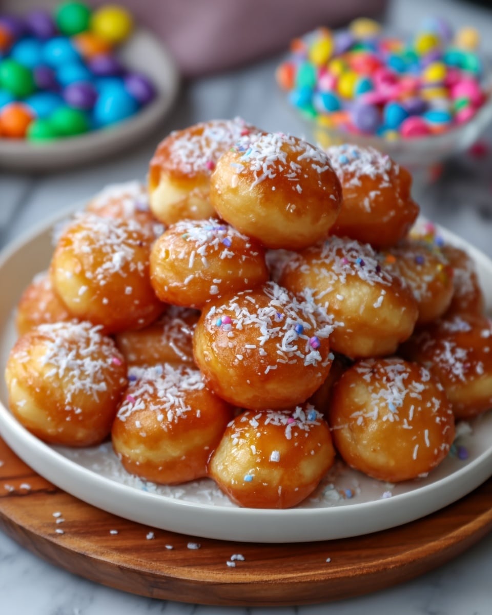 A white plate full of small, round golden-brown donuts stacked in a heap. The donuts are shiny with a sticky glaze and sprinkled generously with white shredded coconut. The plate sits on a wooden round board, placed on a white marbled surface. In the background, colorful candy-coated chocolates create a soft blur. Photo taken with an iphone --ar 4:5 --v 7
