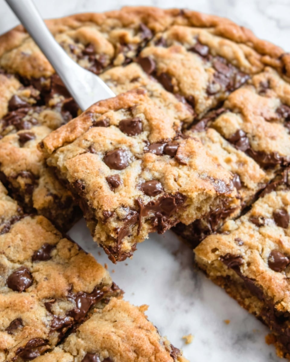 A close-up view of a large, round chocolate chip cookie, broken into pieces with one piece being lifted by a knife. The cookie has a golden-brown color with a slightly crispy texture and is filled with dark chocolate chips scattered evenly throughout. The cookie lies on a white marbled surface, and the focus is on the broken piece showing the soft, chewy inside with melted chocolate. Photo taken with an iphone --ar 4:5 --v 7