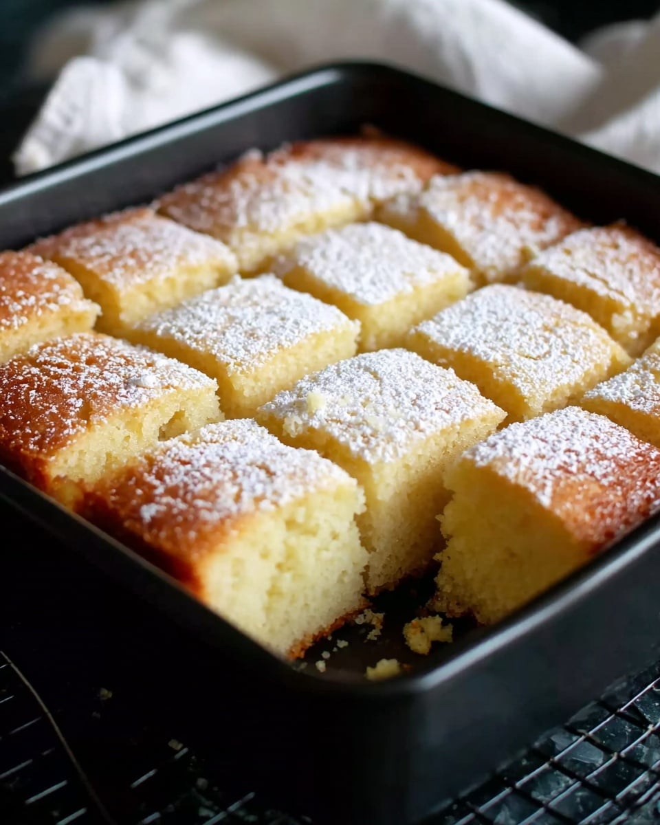 A square black baking pan holds a light golden cake cut into nine squares, with a soft and slightly crumbly texture. The cake's top is dusted with a light layer of white powdered sugar, and its edges are a deeper golden brown, showing a slight crispness. The pan sits on a black cooling rack over a white marbled surface with a folded white cloth nearby. The photo has a close-up focus on the cake's center, highlighting its moist and fluffy layers. photo taken with an iphone --ar 4:5 --v 7