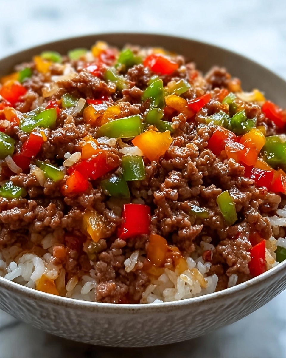 A close-up of a bowl filled with cooked ground beef mixed with white rice and small diced bell peppers in red, green, and yellow colors, each piece glossy and slightly shiny, showing a well-cooked texture. The bowl is white with a textured outer surface. The dish fills the bowl almost to the top, with the layers showing a colorful mix of ingredients evenly distributed. The background is a white marbled texture that softly contrasts with the vibrant colors in the bowl. Photo taken with an iphone --ar 4:5 --v 7