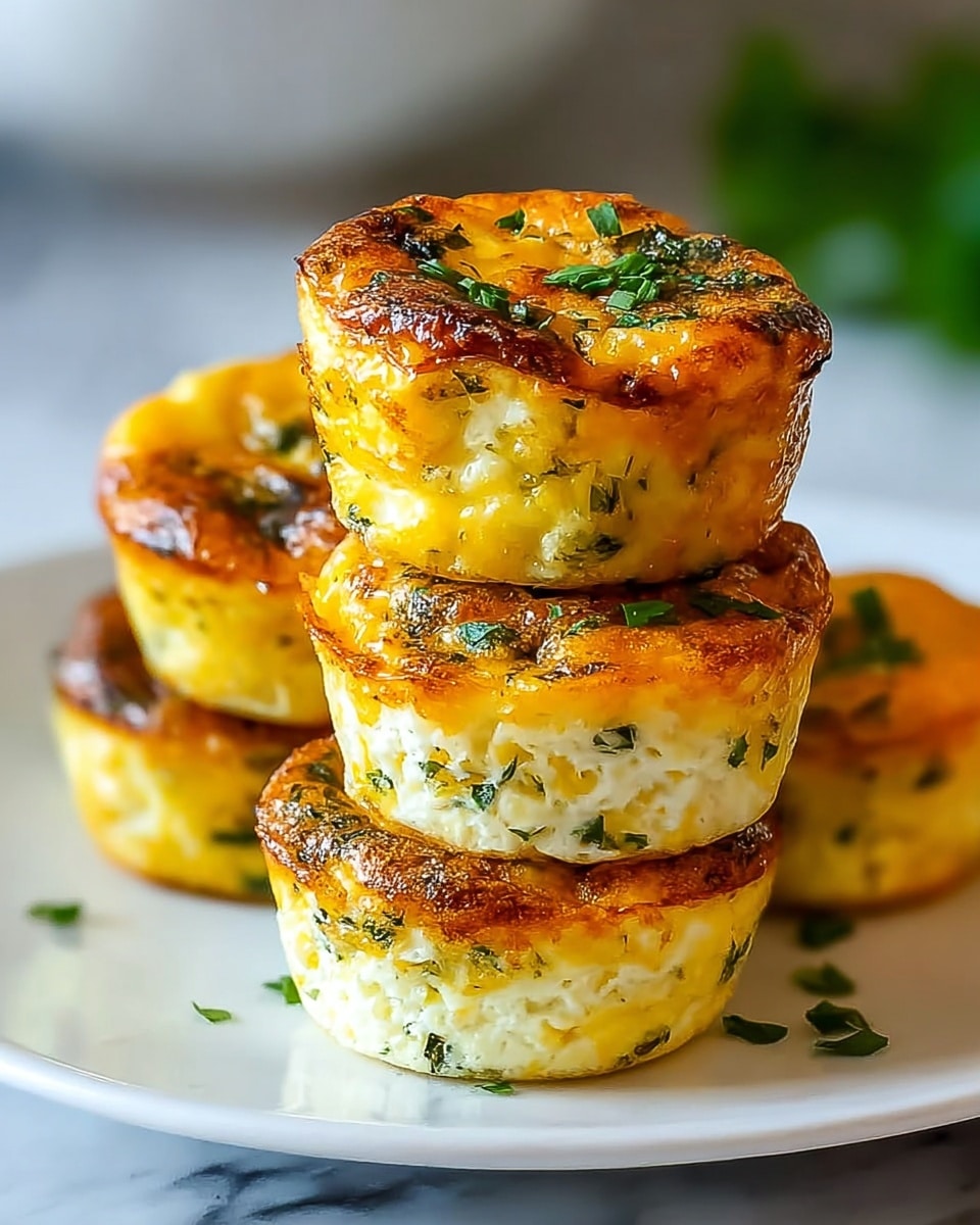 The image shows a stack of five small, round egg muffins on a white plate. Each muffin has a golden brown top with a slightly crispy texture, sprinkled with small green herb pieces. The sides and middle layers are a soft, light yellow and white mix with visible bits of herbs and possibly cheese, giving a speckled look inside. The muffins are arranged with three at the base, one slightly leaning on top, and another one balanced on the middle muffin, all set against a blurred background with a hint of white marbled texture visible. photo taken with an iphone --ar 4:5 --v 7