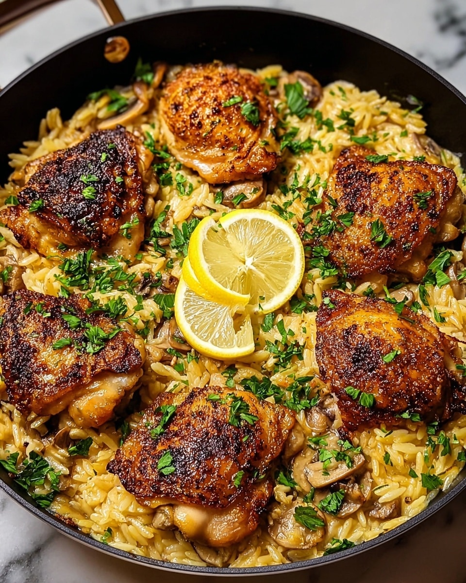 A black skillet filled with six pieces of golden-brown, crispy chicken thighs arranged on top of a creamy layer of yellow orzo pasta mixed with small bits of mushrooms, sprinkled with fresh, bright green parsley leaves. Two thin lemon slices are placed near the top center of the pan, adding a pop of light yellow color. The chicken skin looks crunchy with a slightly charred texture, and the parsley is scattered evenly across the dish for a fresh touch. The skillet rests on a white marbled surface. photo taken with an iphone --ar 4:5 --v 7