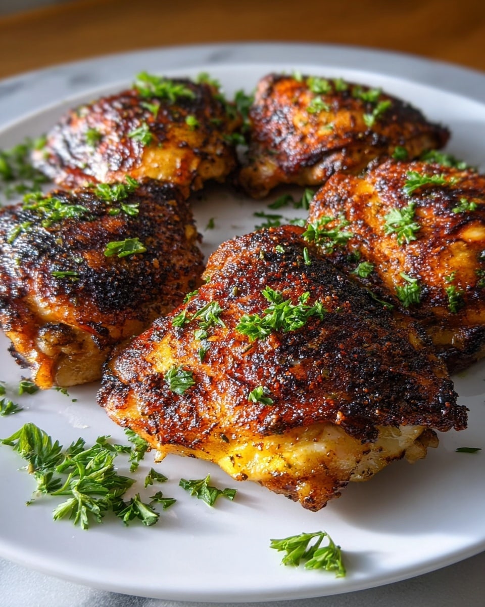 A close-up of five golden brown grilled chicken thighs arranged on a white plate, each piece showing a crispy, well-seasoned skin with a rich reddish-brown color and flecks of blackened spices. The chicken pieces are garnished with small, fresh green parsley leaves scattered on top and around the plate. The background is a smooth, white marbled texture. The lighting highlights the juicy texture of the chicken and the vibrant green of the parsley, creating an inviting and warm look. photo taken with an iphone --ar 4:5 --v 7