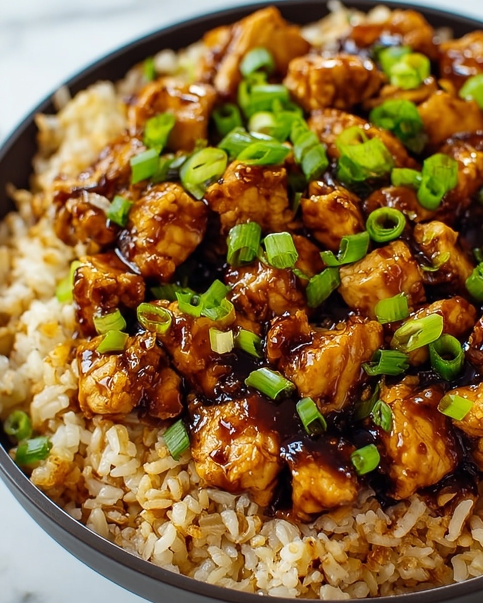 The dish shows two main layers on a white round plate placed on a white marbled surface. The bottom layer is cooked brown rice, loose and slightly shiny, covering the entire plate. On top is a thick layer of small, bite-sized chicken pieces coated in a glossy dark brown sauce that reflects the light. Bright green chopped spring onions are sprinkled evenly over the chicken, adding fresh color contrast. The close-up view highlights the texture of the tender chicken and the rice grains. photo taken with an iphone --ar 4:5 --v 7