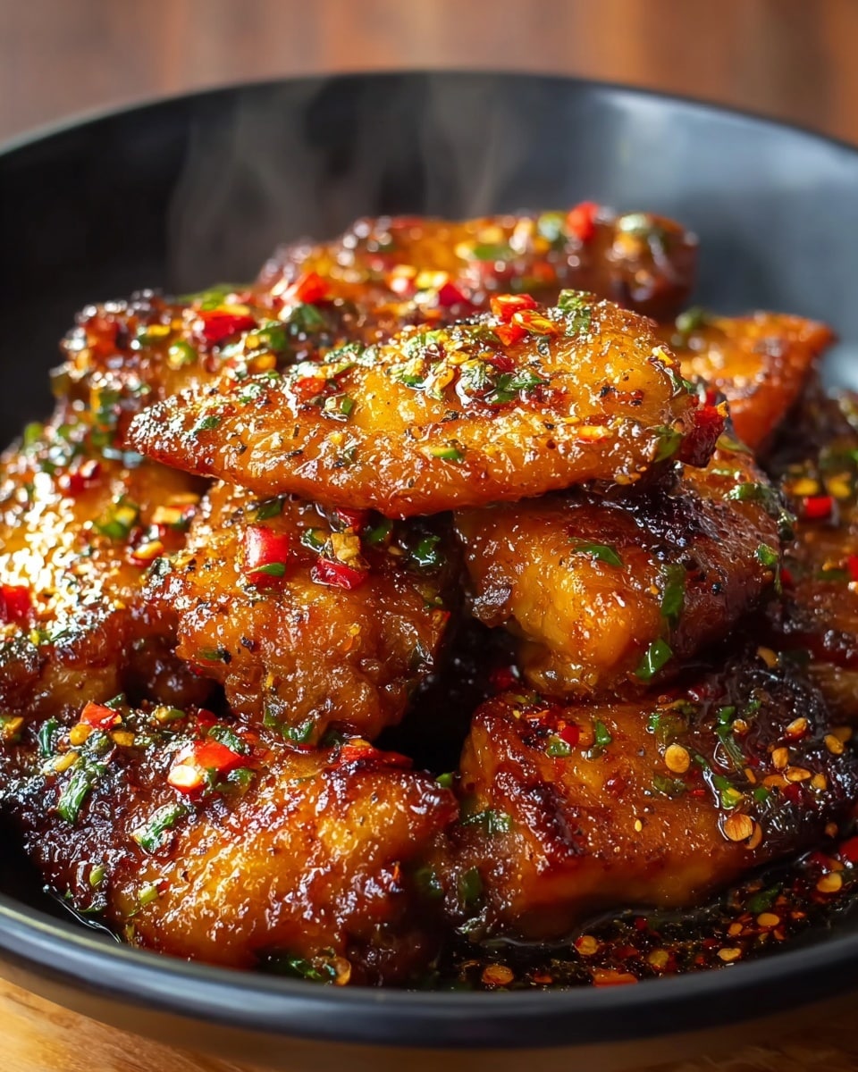 The image shows a close-up of a black bowl filled with pieces of glazed, caramelized chicken that have a rich, shiny brown color with crispy edges. Each piece is coated in a thick, sticky sauce that glistens with hints of red chili flakes and small green herb bits sprinkled generously on top. The chicken pieces are piled up in the bowl, some overlapping, creating a textured, appetizing look. Steam rises softly from the hot dish, enhancing the fresh and savory feel. The bowl is placed on a white marbled surface and a wooden base. photo taken with an iphone --ar 4:5 --v 7