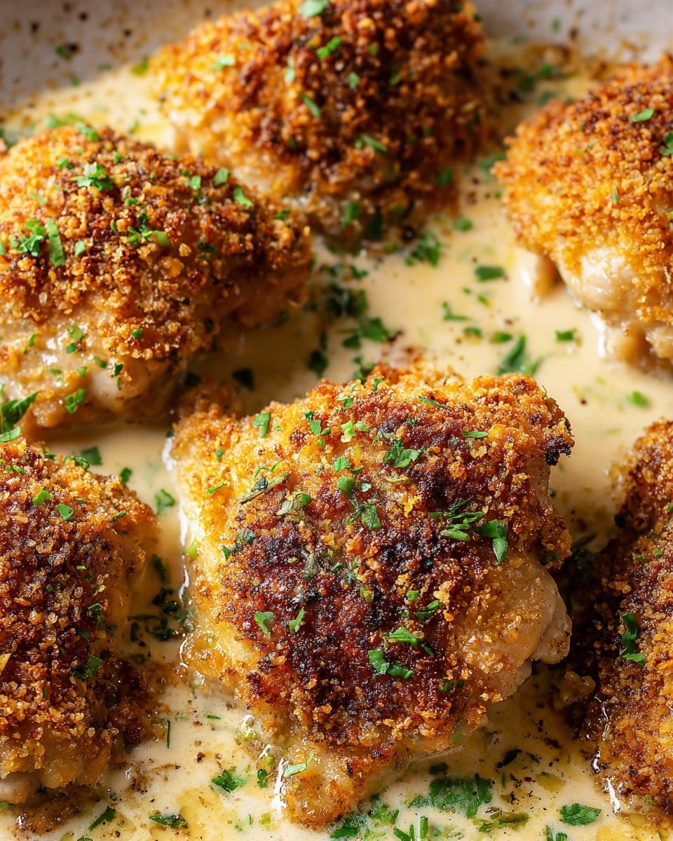 The image shows several pieces of baked chicken thighs with a crunchy, golden-brown crust made from breadcrumbs on top, each piece evenly coated and browned with crispy edges. The chicken is sitting in a creamy light yellow sauce pooling at the bottom, dotted with small green herb pieces sprinkled generously over the chicken and sauce. The texture of the crust is crunchy and coarse, while the sauce looks smooth and rich, all set on a white marbled surface. The photo taken with an iphone --ar 4:5 --v 7