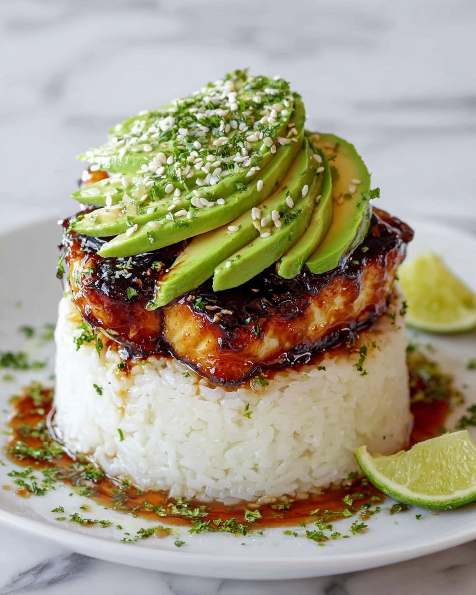 A round stack of three layers is presented on a white plate over a white marbled texture surface. The bottom layer is tightly packed white rice, topped with a thick, rich golden-brown grilled fish layer with a crispy texture and glazed look. The top layer features thinly sliced avocado fanned out in a circular pattern with a bright green color, sprinkled with white sesame seeds and green herbs. Around the plate, there are drops of sauce and small bits of chopped herbs, with a lime wedge on the side. photo taken with an iphone --ar 4:5 --v 7