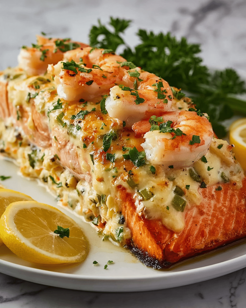 The dish shows a thick, baked salmon fillet stuffed with a creamy crab mixture that includes small bits of green herbs and vegetables. The salmon has a bright orange-pink top layer with a slightly crispy texture. On top, there are several small cooked shrimp arranged neatly, garnished with chopped green herbs. The fillet sits on a white plate with two lemon slices and a small bunch of parsley on the side, all placed on a white marbled surface. photo taken with an iphone --ar 4:5 --v 7