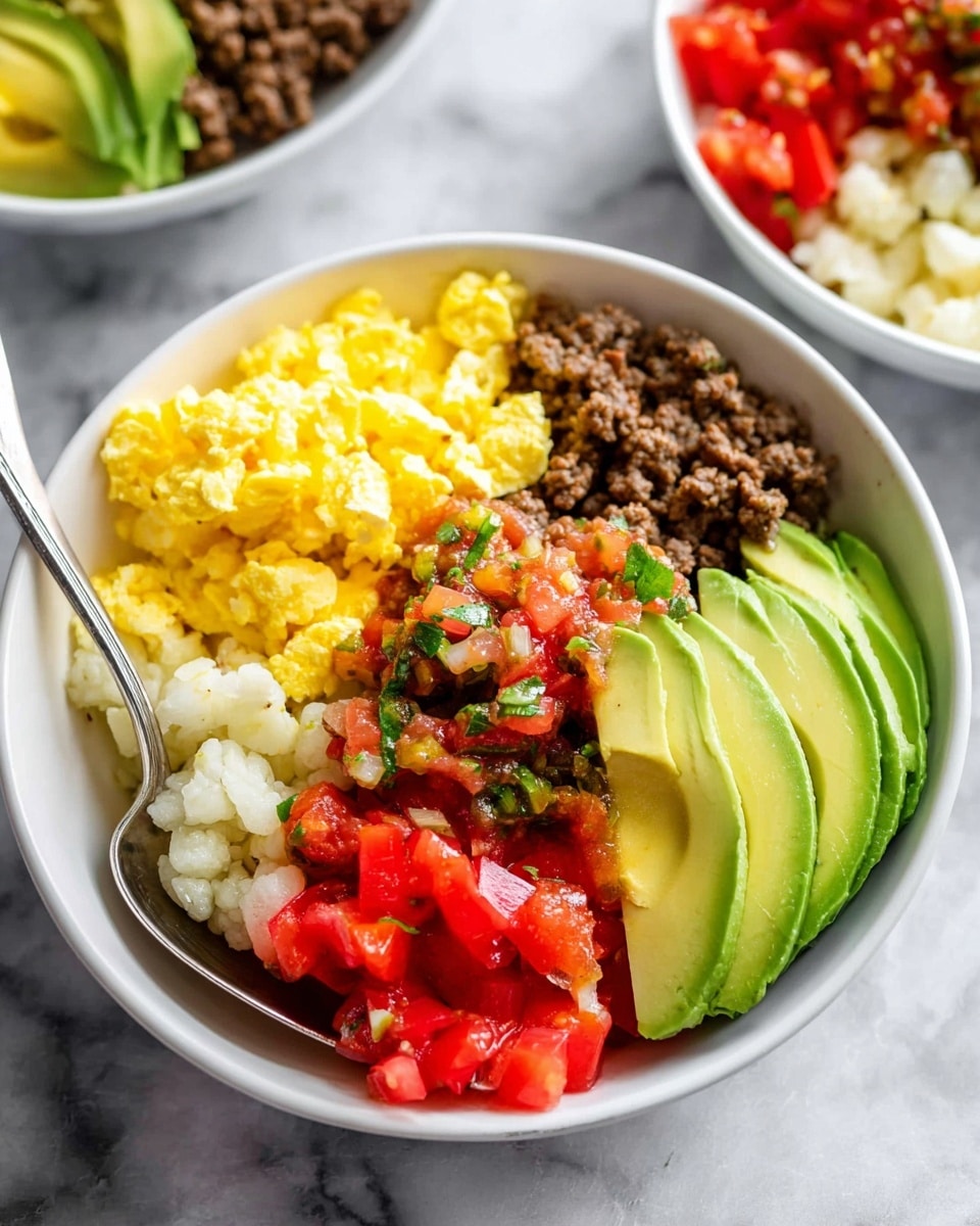 A white bowl filled with five distinct layers, starting from the bottom left with bright red sliced cherry tomatoes, next to a small pile of finely chopped white cauliflower with bits of green pepper, above that a heap of bright yellow scrambled eggs, in the center a scoop of colorful diced red, green, and white salsa, to the right a mound of cooked brown ground beef, and finally topped with four large, smooth, green slices of avocado on the right side. A silver spoon rests inside the bowl at the bottom left. The bowl is placed on a white marbled surface with two more similar bowls blurred in the background. photo taken with an iphone --ar 4:5 --v 7