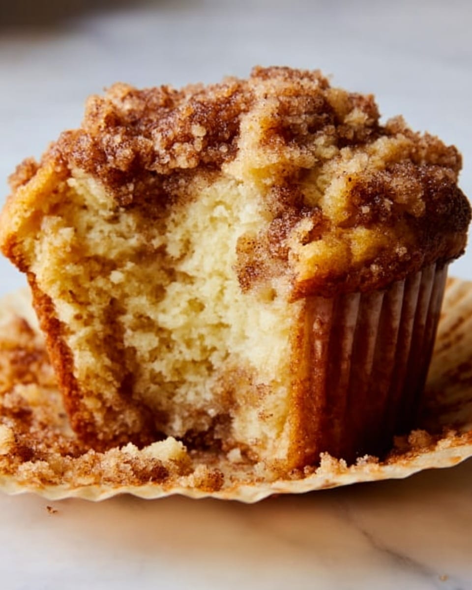 A close-up of a muffin with a large bite taken out of it, showing the soft, light yellow inside with bits of brown cinnamon swirled throughout. The muffin top is thick and crumbly with a golden brown, crunchy texture, with some crumbs scattered on a white marble surface beneath it. The muffin liner is a light tan color. Photo taken with an iphone --ar 4:5 --v 7