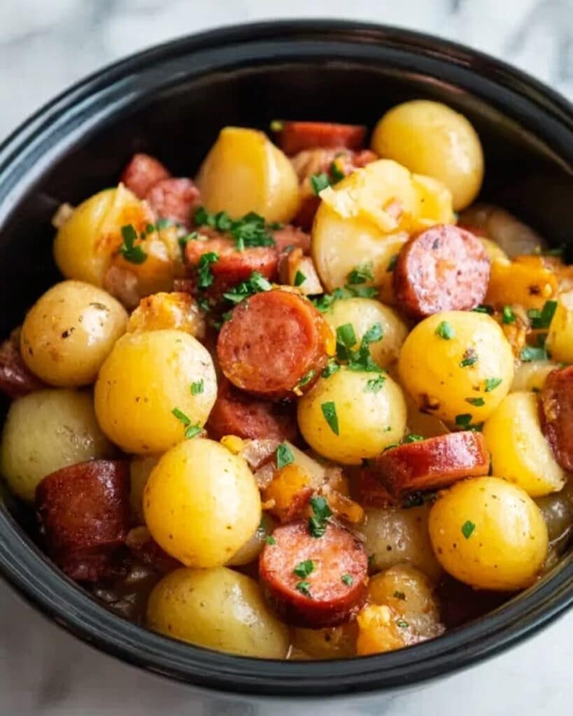 Crockpot Cheesy Potatoes and Kielbasa Recipe