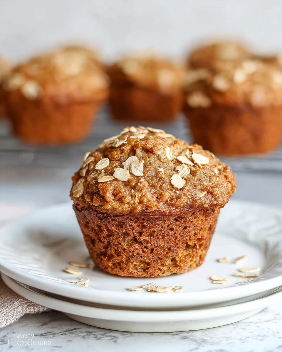 A close-up of a single muffin with a textured brown base and a rough, slightly domed top covered with light golden oat flakes. The muffin sits on a white plate with a few scattered oats around it. In the blurred background, there are more similar muffins on a cooling rack, also topped with oat flakes. The setting includes a white marbled surface under the plate. photo taken with an iphone --ar 4:5 --v 7