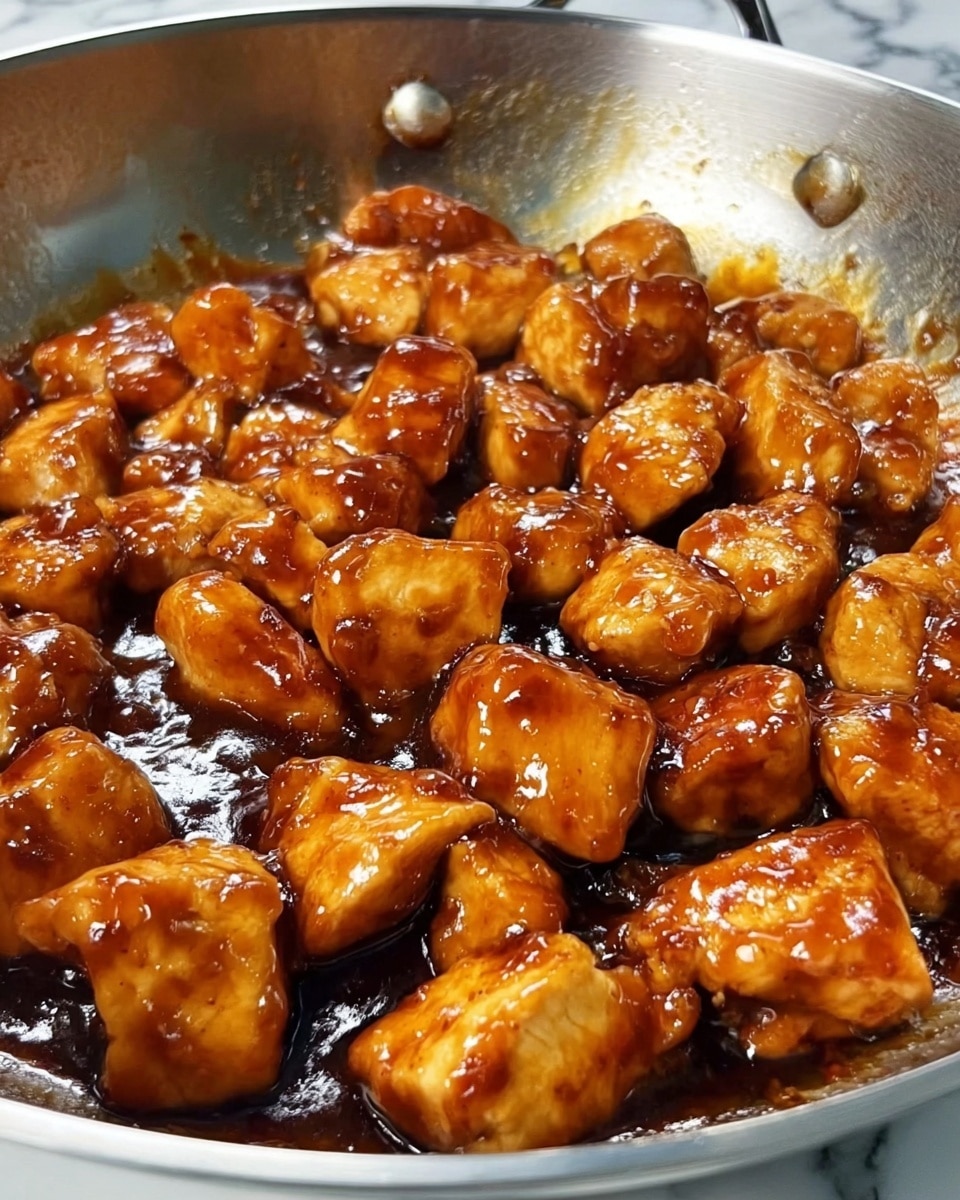 Chunks of golden-brown chicken are cooked in a shiny dark brown sauce inside a silver pan. The chicken pieces are evenly coated with the thick, glossy sauce that pools slightly at the bottom, creating contrast with the lighter chicken. The surface beneath the pan is a white marbled texture. photo taken with an iphone --ar 4:5 --v 7
