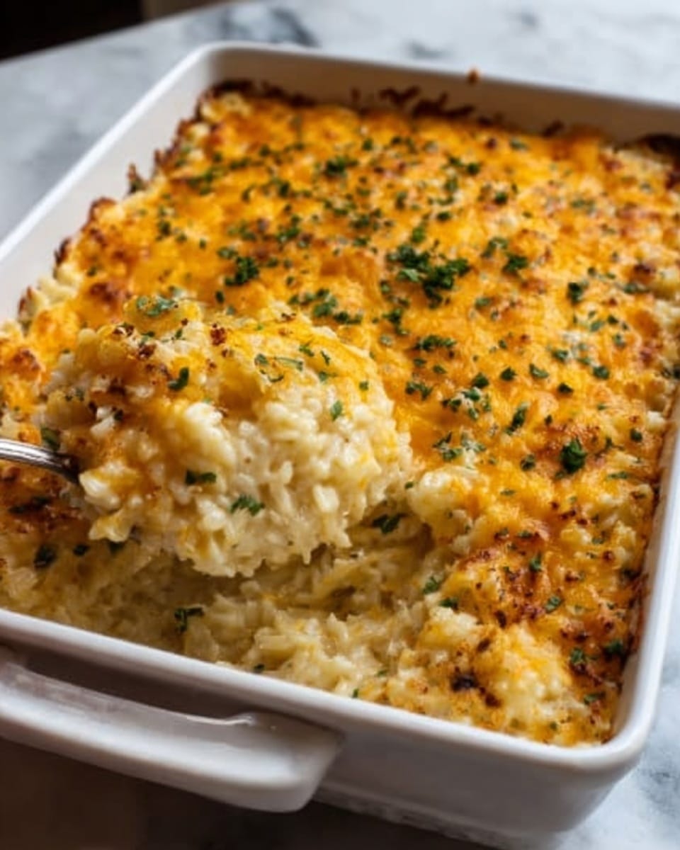 The image shows a white rectangular baking dish filled with a creamy rice casserole. The casserole has a thick top layer of melted golden-brown cheese with small green herb pieces sprinkled across. The inside layers are creamy and soft with white rice mixed with some sauce, visible where a portion has been scooped out. The dish sits on a white marbled surface, and a woman's hand is holding a spoon scooping a serving from the left side. photo taken with an iphone --ar 4:5 --v 7