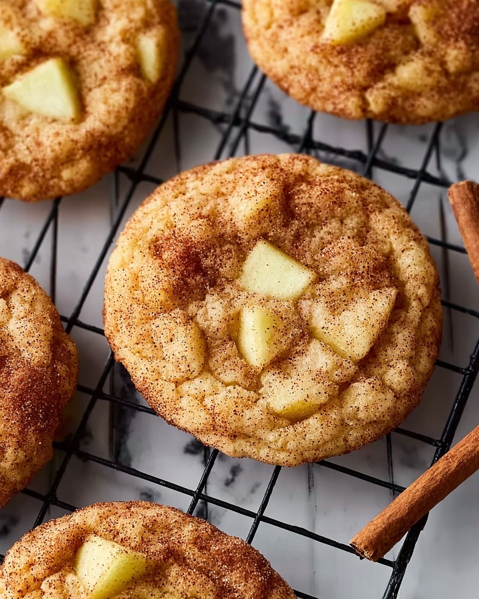 The image shows a close-up of soft, round cookies on a black cooling rack placed over a white marbled surface. Each cookie has a golden-brown color with a slightly rough texture, and is sprinkled generously with cinnamon and sugar mixed evenly on top. Small, pale yellow apple pieces are scattered throughout the top layer of the cookies, giving a chunky look. One cookie has a cinnamon stick placed on top near the edge. The cookies appear thick and chewy with visible baked cracks, and the lighting highlights their warm, cozy appearance. Photo taken with an iphone --ar 4:5 --v 7