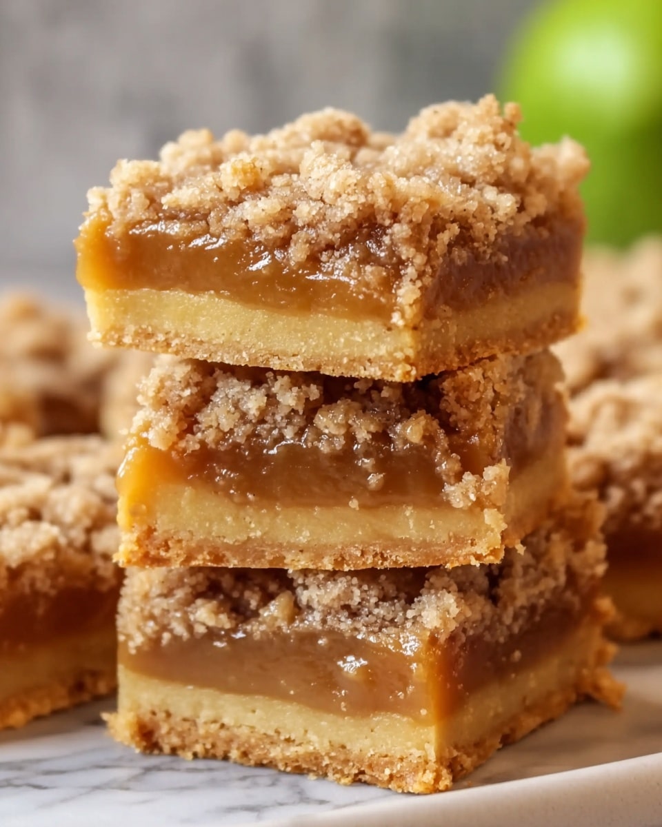 The image shows a close-up view of three stacked dessert bars with three visible layers each. The bottom layer is a light golden, firm crust. The middle layer is a thick, smooth, glossy caramel-colored filling that looks soft and sticky. The top layer is a crumbly, textured streusel topping in a light tan color with small, uneven chunks. The bars are stacked unevenly on a plate with a soft blur in the background including a green object, all set on a white marbled surface. Photo taken with an iphone --ar 4:5 --v 7