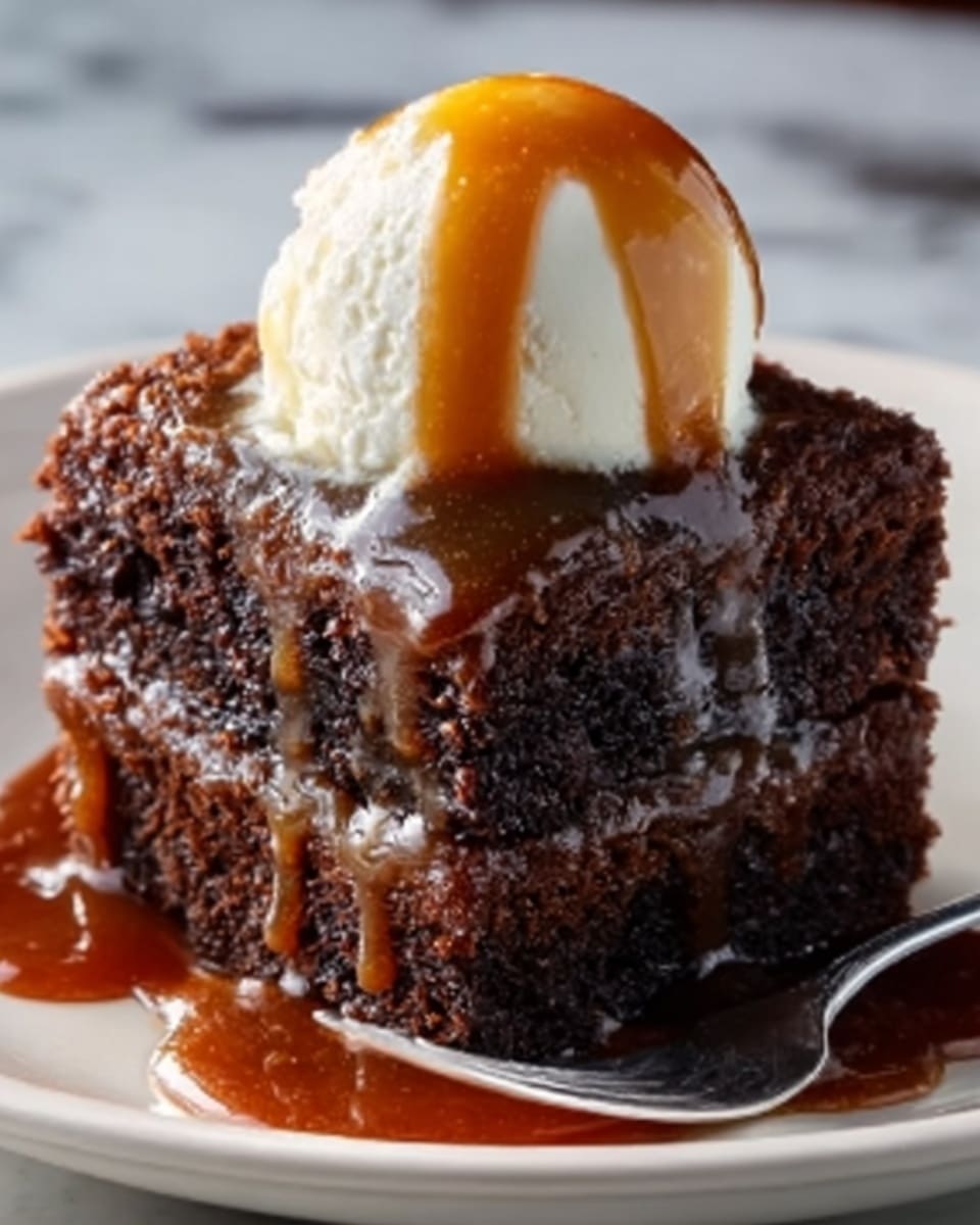 A close-up view of a square piece of chocolate cake on a white plate with a white marbled surface underneath. The cake has three visible thick layers, each moist and dark brown with a slightly crumbly texture. On top of the cake is a smooth, round scoop of white vanilla ice cream, which is dripping with shiny caramel sauce that also covers the sides of the cake and pools on the plate. A silver fork rests beside the cake on the plate, ready to scoop. The photo was taken with an iphone --ar 4:5 --v 7