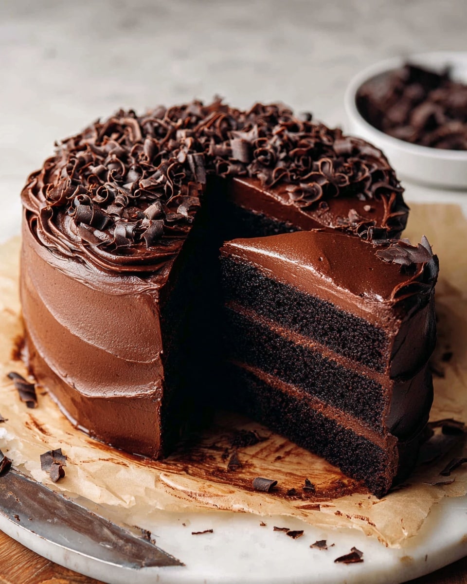 A thick, rich chocolate cake with two dark brown layers of moist chocolate sponge separated by a smooth, glossy dark chocolate frosting layer in the middle; the entire cake is covered with the same thick, creamy chocolate frosting on top and around the sides, with swirled texture visible from spreading. The top of the cake is decorated with many small, tight dark chocolate curls mostly gathered on one side. A slice is cut out, showing the even layers inside. The cake sits on a piece of parchment paper placed on a white marbled surface, with some chocolate curls scattered around. In the corner, a white dish holds more chocolate curls. Photo taken with an iphone --ar 4:5 --v 7