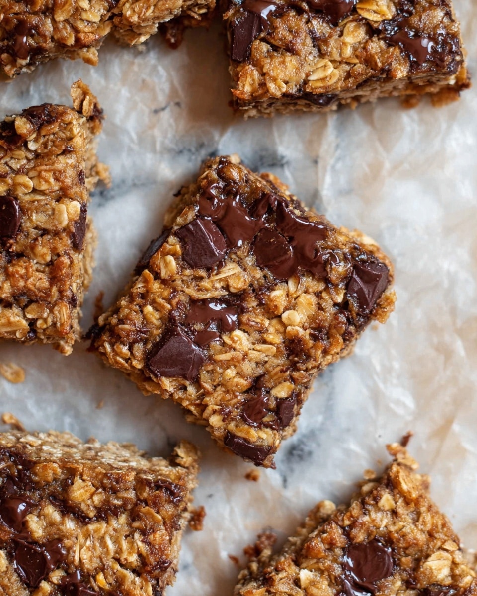 The image shows a close-up of five oatmeal chocolate chip bars arranged on light brown parchment paper, which covers a surface with a white marbled texture. Each bar has one visible layer made mostly of golden brown oats mixed with melted dark chocolate chips that create shiny, soft puddles. The texture is rough and grainy, with oats clearly visible and dispersed evenly. The bars are square-shaped with slightly uneven edges and have a moist, chewy look with some small cracks. Photo taken with an iphone --ar 4:5 --v 7