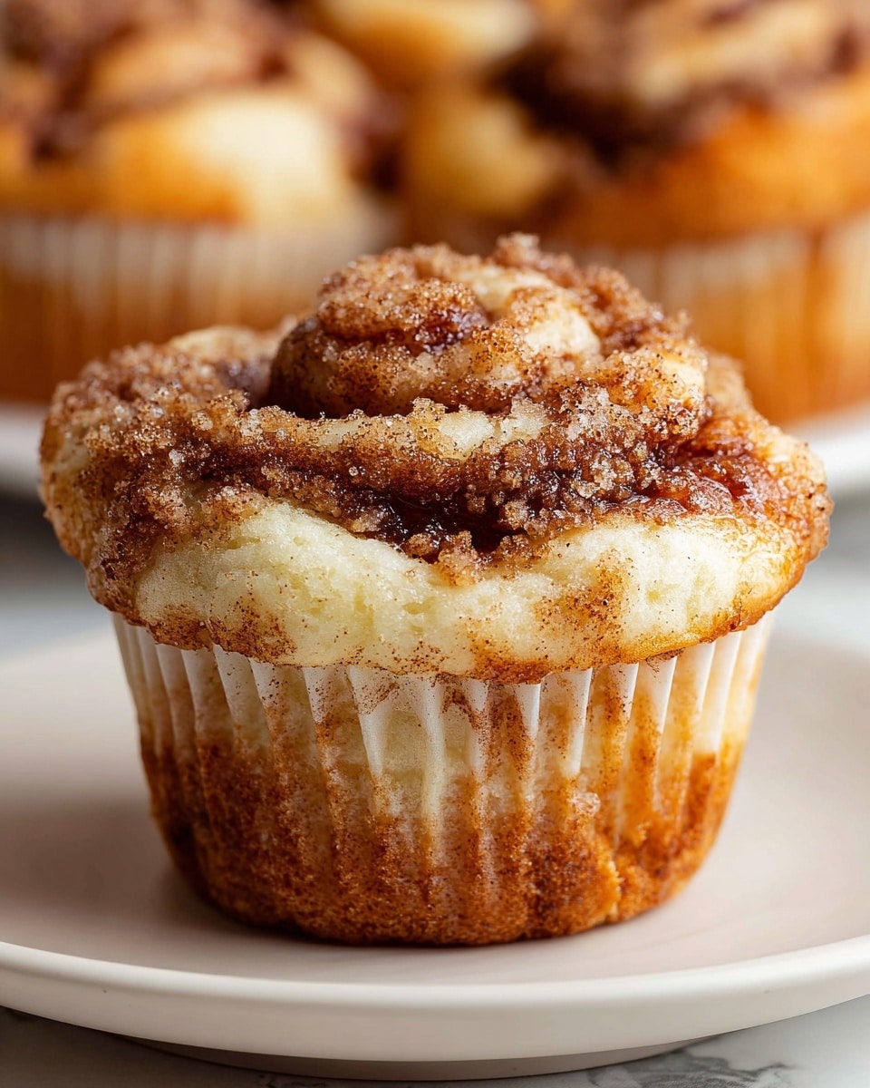 A close-up view of a cinnamon roll muffin with two main layers: the bottom layer is a golden brown, slightly textured muffin base visible through a white paper liner with brown specks, while the top layer is a soft, creamy beige dough twisted into a spiral swirl covered with a dusting of dark brown cinnamon and sugar crumbs. The muffin sits on a white plate set against a white marbled texture background, with other similar muffins softly blurred in the background. photo taken with an iphone --ar 4:5 --v 7