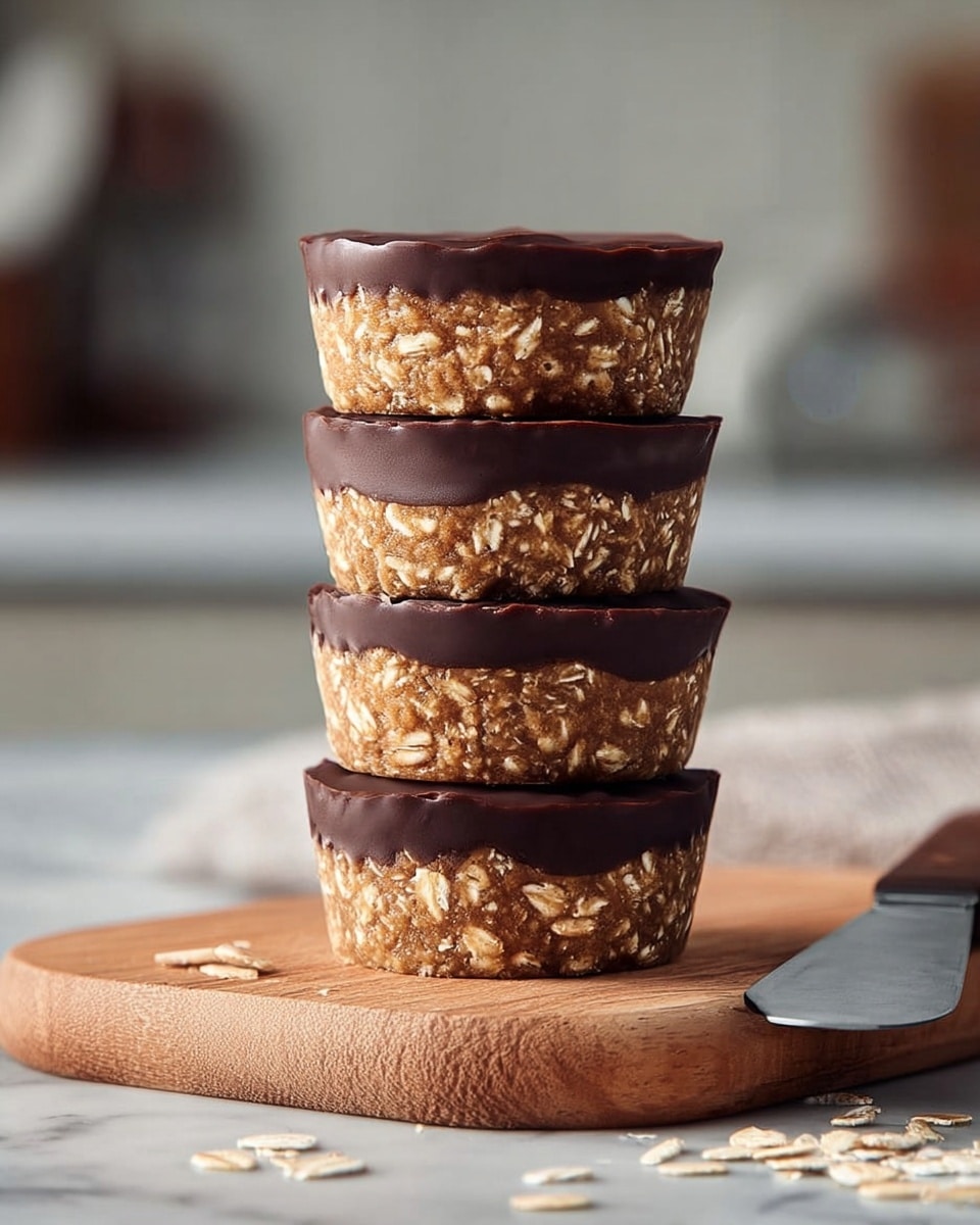 A stack of four oat and chocolate treats is shown on a light wooden board on a white marbled surface. Each treat has two layers: a thick bottom layer made of oats mixed with a lighter brown base, showing the texture of the oats clearly, and a dark, smooth chocolate layer on top that has a slightly glossy finish and softly uneven edges. The treats are neatly stacked, one on top of the other, with some loose oats scattered around the board and surface. A silver knife lies to the right of the board, partially visible. The background is softly blurred, featuring soft beige and light tones. photo taken with an iphone --ar 4:5 --v 7