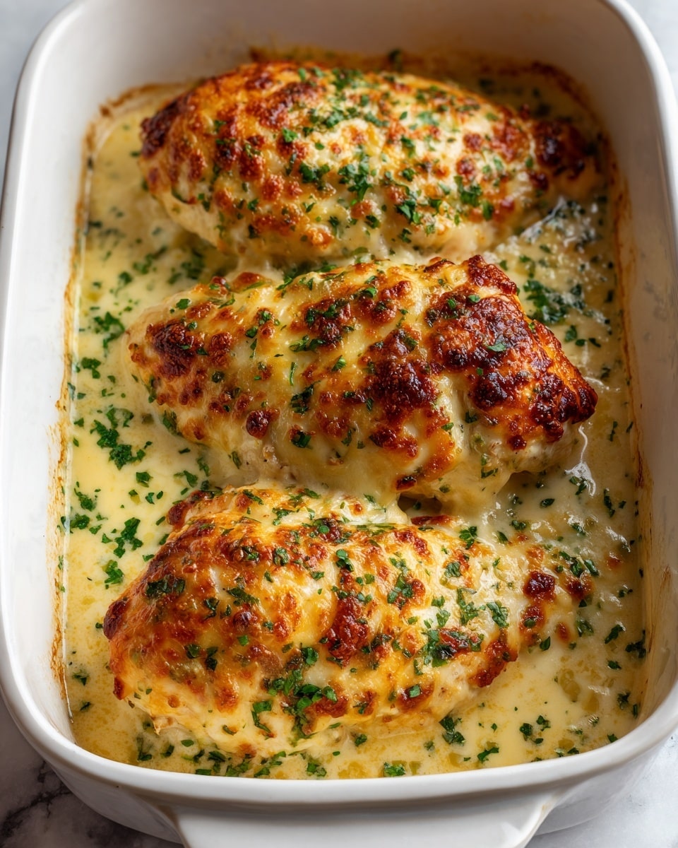 Three baked chicken breasts, each covered with a golden brown and slightly crispy cheese layer sprinkled with finely chopped green herbs, sit in a white baking dish. The dish contains creamy sauce with a melted cheese texture and green herb bits, pooling around the bottom and sides of the chicken. The top of each chicken piece shows uneven browning and bubbly cheese texture. The whole setup is shown on a white marbled surface. photo taken with an iphone --ar 4:5 --v 7