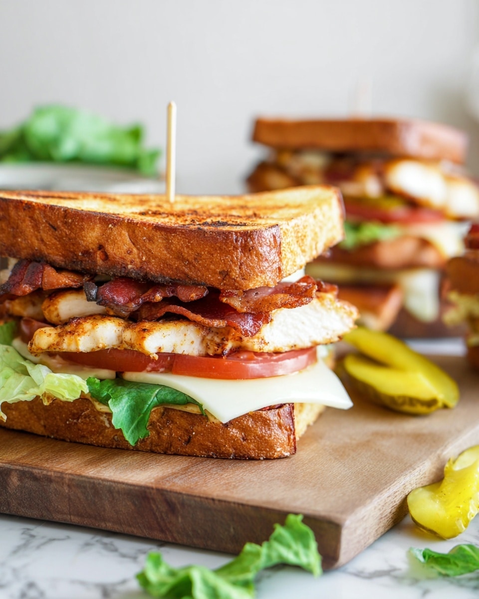 The image shows a sandwich with five layers, placed on a wooden cutting board on a white marbled surface. The bottom layer is a thick, toasted slice of bread with a golden-brown crust. Above it is a piece of grilled chicken with a slightly spicy seasoning, light brown with some char marks. On top of the chicken is a layer of crispy, reddish-brown bacon. Next is a slice of pale white cheese slightly melted, followed by bright green lettuce and a slice of red tomato. The sandwich is topped with another toasted bread slice that is golden-brown with visible grill marks and held together by a toothpick in the center. To the right of the sandwich lies a yellow pickle spear, and fresh bright green lettuce leaves are scattered around the board. In the background, a blurred second sandwich can be seen. photo taken with an iphone --ar 4:5 --v 7