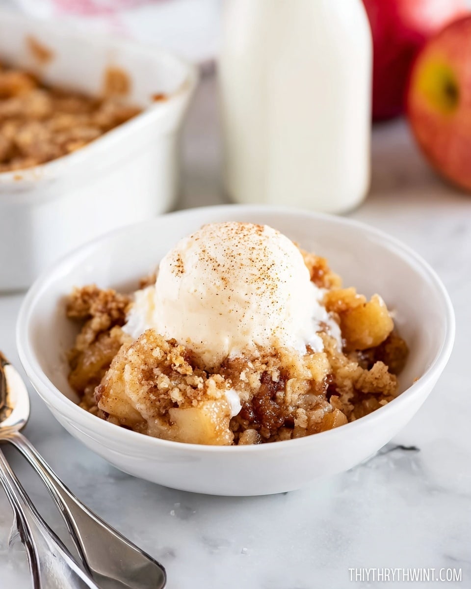A white bowl holds a warm apple crisp dessert with a crumbly, golden-brown topping mixed with soft, cinnamon-spiced apple chunks beneath. On top sits a single scoop of creamy vanilla ice cream, slightly melting and dusted with a light sprinkle of cinnamon powder. The bowl is placed on a white marbled surface with two shiny metal spoons nearby and a blurred background showing another similar bowl and a glass bottle filled with milk. Photo taken with an iphone --ar 4:5 --v 7