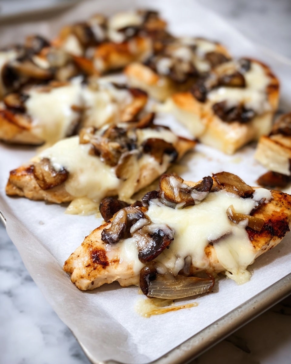 The image shows small round chicken patties topped with a layer of melted white cheese that covers most of the surface. Scattered on top are pieces of browned mushrooms and small bits of cooked onions, adding a mix of light and dark brown colors. The patties have a golden-brown color with slight charring on the edges. They are placed on white parchment paper inside a tray. The background is a white marbled texture. photo taken with an iphone --ar 4:5 --v 7