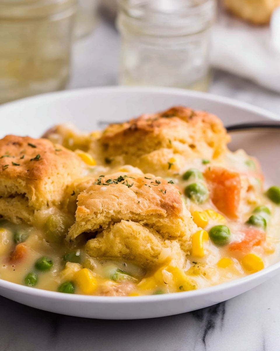 The dish shows a close-up of a baked casserole served on a white plate set on a white marbled surface. The casserole has two main layers: the bottom layer contains mixed vegetables including corn, peas, and diced carrots in a creamy sauce that looks smooth and slightly glossy; the top layer consists of golden-brown baked biscuit pieces that appear soft inside with a slightly crisp outside, partially melted cheese blends into both layers with yellow and white hues creating a gooey texture over the biscuits and vegetables. Photo taken with an iphone --ar 4:5 --v 7