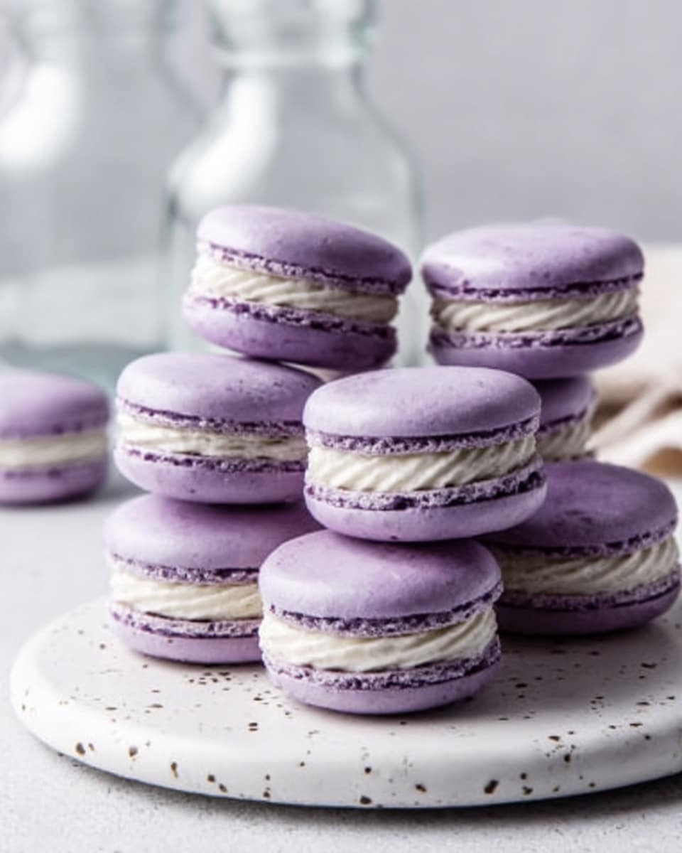 The image shows a pile of purple macarons stacked on a white round plate. Each macaron has two smooth, slightly shiny purple shells with a creamy white filling in the middle. The texture of the shells looks soft but firm, with a slightly ruffled edge around the filling. The plate sits on a white marbled surface, with a clear glass bottle and a glass cup blurred in the background. The overall look is clean and minimal, with the purple color of the macarons standing out clearly. Photo taken with an iphone --ar 4:5 --v 7