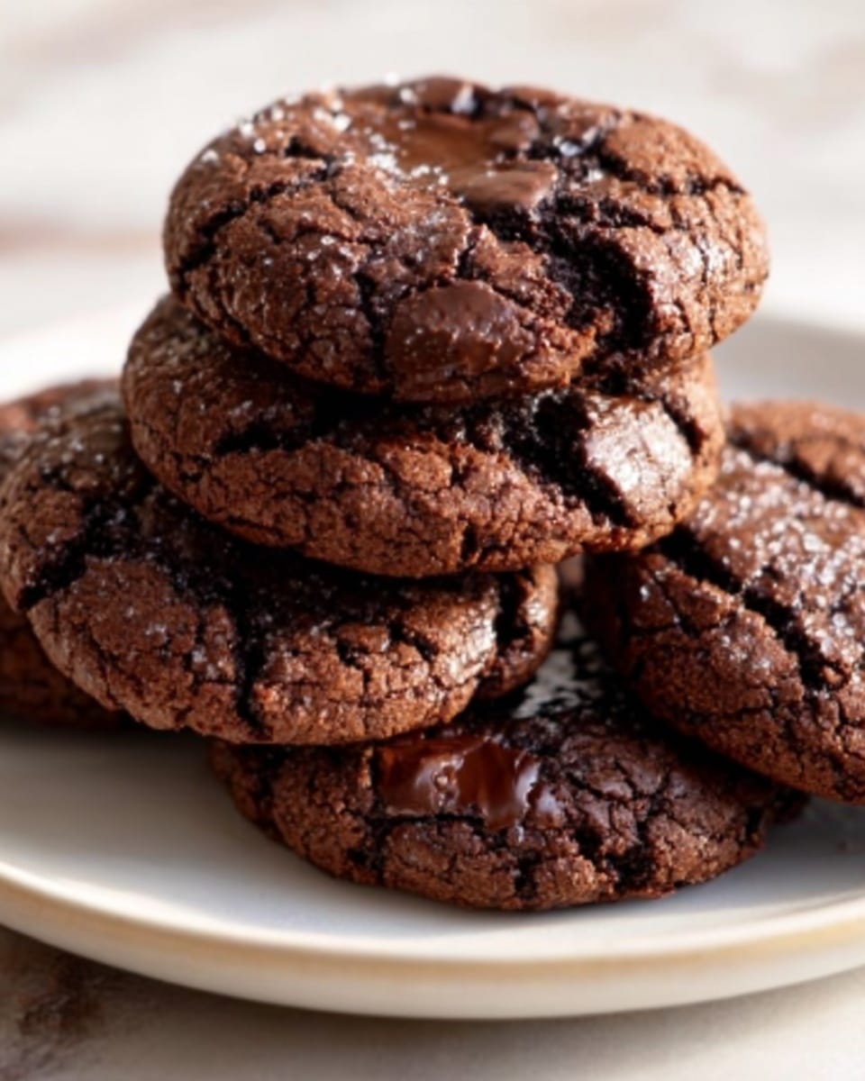 A close-up image of four thick chocolate cookies stacked slightly unevenly on a white plate. Each cookie has a rough cracked surface showing a rich dark brown color and a slightly shiny texture with small granules of sugar on top. The cookies look soft in the center with crisper edges, giving a homemade feel. The plate rests on a white marbled surface with soft natural light coming from the side. Photo taken with an iphone --ar 4:5 --v 7