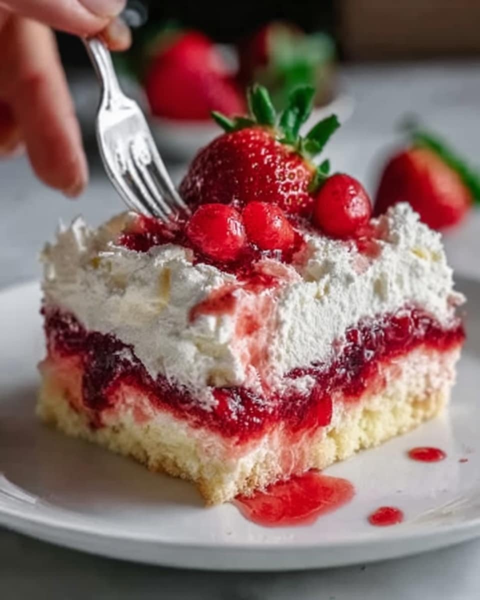 A dessert square on a white plate shows three layers: a thick, crumbly light yellow crust at the bottom, a bright red fruit layer with visible whole strawberries and crushed berries in the middle, and a fluffy, white whipped cream layer on top. Additional whole red strawberries and a small green mint leaf decorate the top, with some red syrup drizzled over the cream and plate edge. A woman's hand holds a silver fork near the dessert against a white marbled background. Photo taken with an iphone --ar 4:5 --v 7