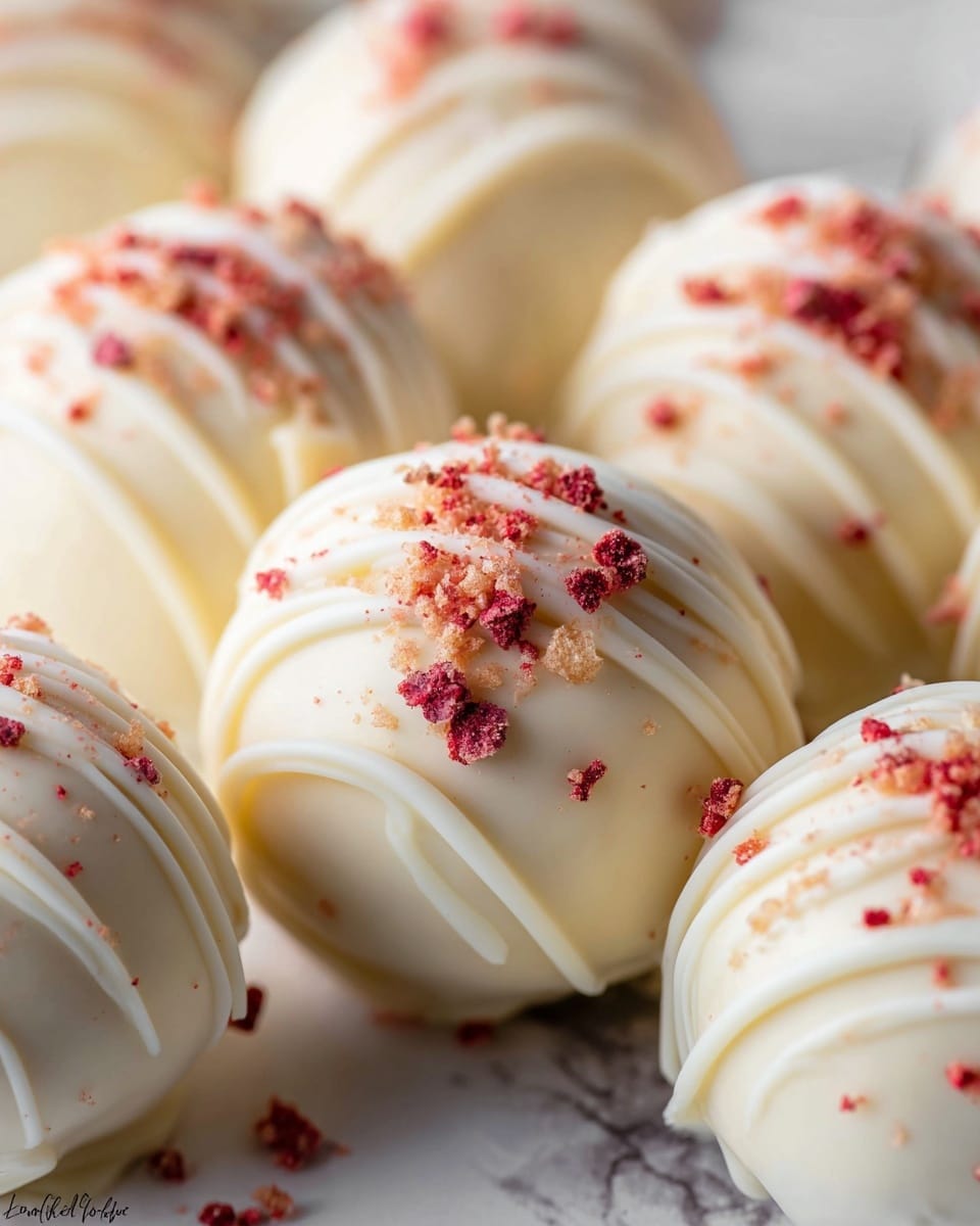 The image shows several smooth, round white truffles coated evenly in white chocolate. Each truffle is decorated with delicate thin white chocolate drizzles across the top, giving a layered, slightly textured look. Scattered on and around the drizzles are small pieces of crushed red and light beige crumbs, adding contrast and a bit of rough texture. The truffles are closely stacked together, filling the frame, all resting on a surface with a white marbled texture. photo taken with an iphone --ar 4:5 --v 7