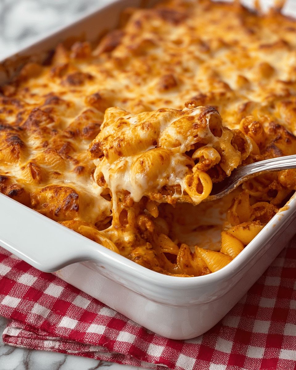 The image shows a white baking dish filled with a baked pasta casserole, with a spoon lifting a cheesy portion to reveal layers. The bottom layer is made of shell pasta coated in a reddish sauce, giving it an orange tint. Above the pasta is a thick layer of melted cheese that is golden brown and bubbly with a slightly crispy texture on top. The cheese appears stretchy as it pulls up with the pasta. The dish is placed on a red and white checkered cloth on a white marbled surface. photo taken with an iphone --ar 4:5 --v 7
