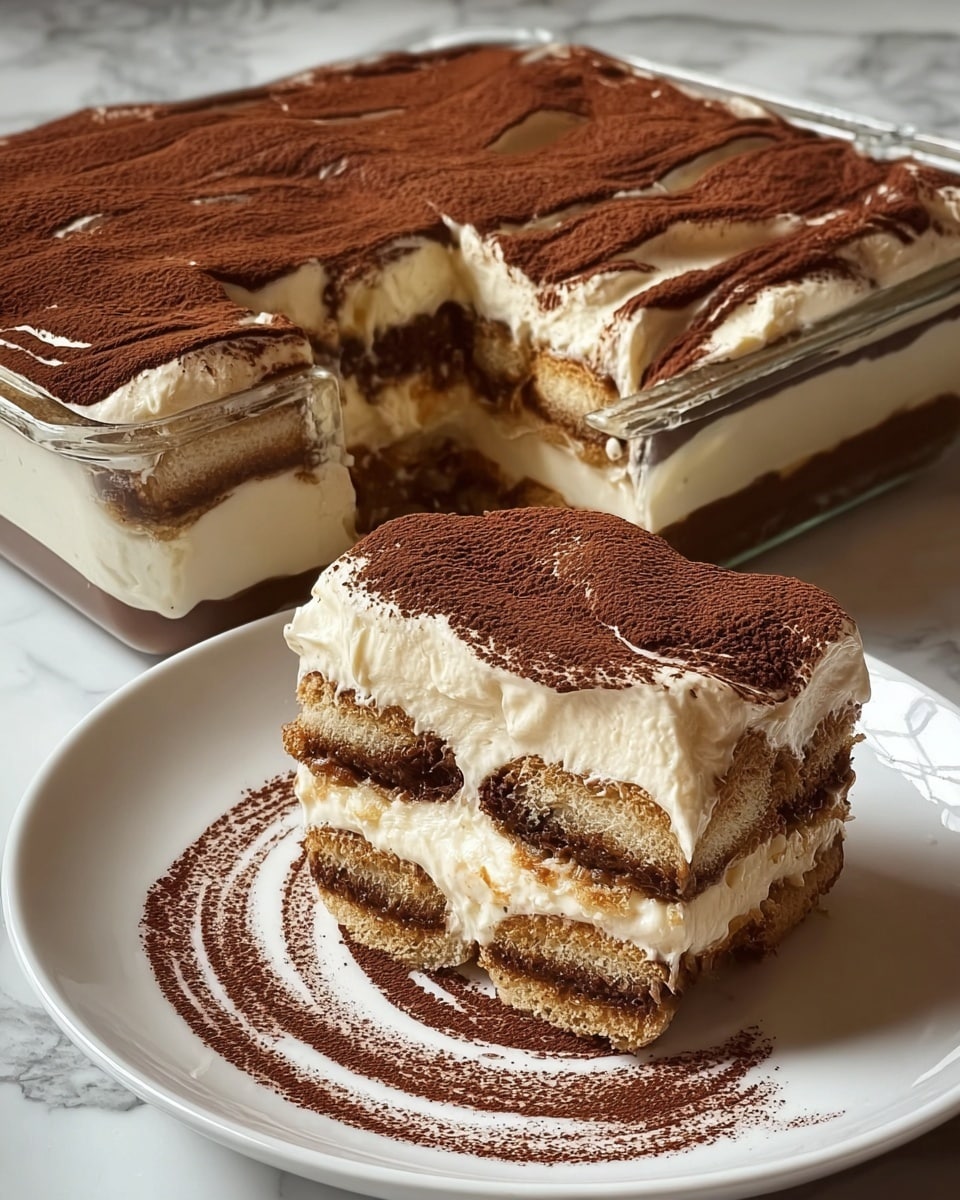 A rectangular glass dish holds a layered tiramisu with a smooth top dusted evenly with dark brown cocoa powder. Inside, there are visible layers of creamy white mascarpone mix alternating with soaked ladyfinger biscuits that look soft and coffee-colored. In front of the dish, a white plate shows a thick slice of the tiramisu, with the same two main layers clearly seen: a creamy light layer on top and a moist, brown biscuit layer below. The plate is decorated with cocoa powder sprinkled beside the slice, creating a semi-circle pattern. The whole scene is set on a white marbled surface, with sunlight casting soft shadows. Photo taken with an iphone --ar 4:5 --v 7