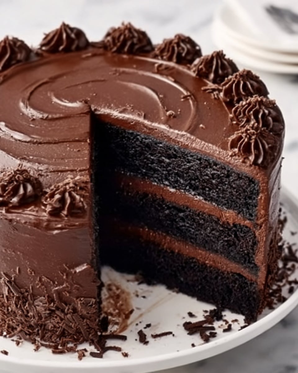 The image shows a rich chocolate cake with three visible layers of dark chocolate sponge separated by thick, smooth layers of dark chocolate frosting. The top layer is fully covered with shiny, glossy chocolate icing with a slightly swirled texture. Around the edge of the top, there is a ring of finely chopped chocolate or chocolate crumbs. The cake is on a white plate placed on a white marbled surface. A piece of the cake has been cut and removed, showing the neat, even layers inside. Photo taken with an iphone --ar 4:5 --v 7