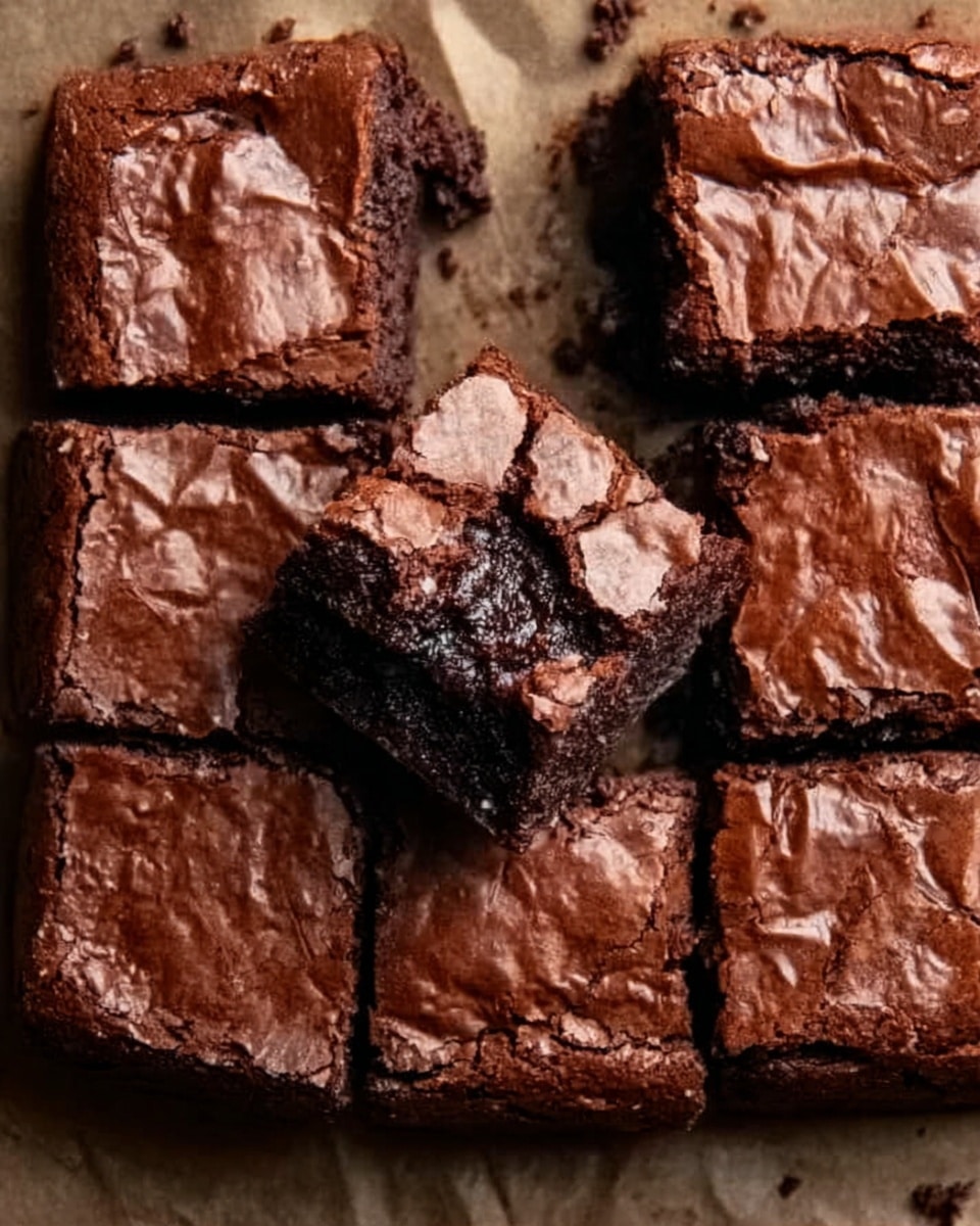 The image shows a batch of rich, dark brown brownies cut into nine square pieces on white parchment paper. The surface of the brownies is shiny with a crackled texture, revealing a moist and chewy inside where one piece is missing, showing the soft, dense texture. The edges are slightly firmer with a deeper brown color, and a few crumbs are scattered around. The background is a white marbled texture. Photo taken with an iphone --ar 4:5 --v 7