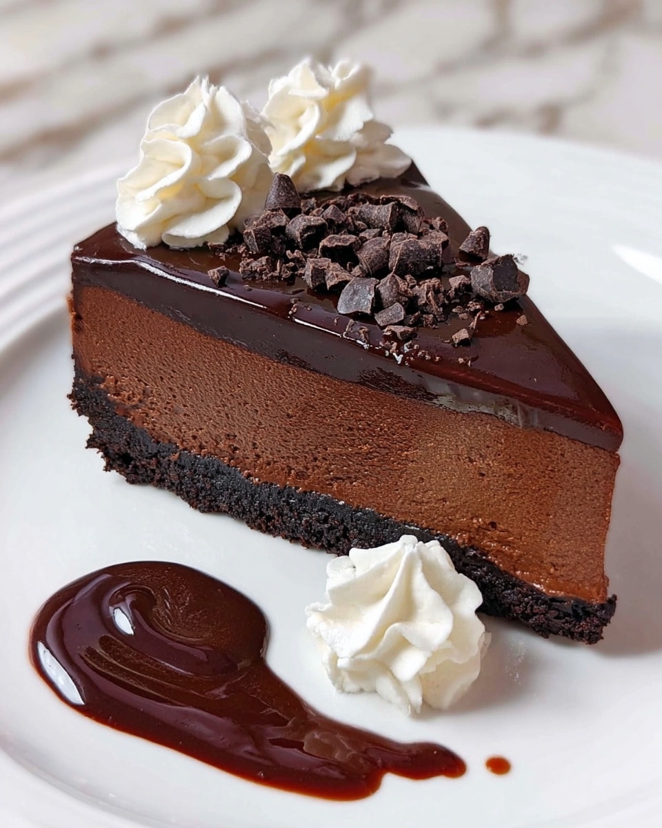 A slice of rich, dark chocolate cake with three visible layers: a dense, crumbly bottom crust, a thick, smooth chocolate mousse middle, and a glossy, firm chocolate ganache top layer sprinkled with small chunks of chocolate. The cake is placed on a white plate with two dollops of white whipped cream beside it, and a swirl of shiny dark chocolate sauce on the plate in front of the cake. The background is a white marbled texture. Photo taken with an iphone --ar 4:5 --v 7