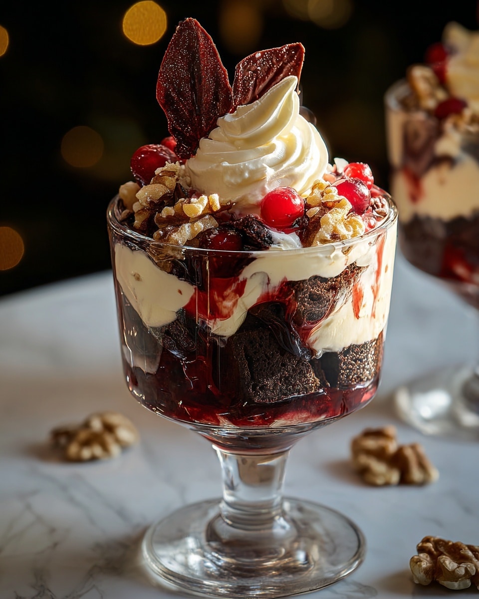 The dessert is served in a clear glass cup with a stem, showing multiple layers. The bottom layer is dark brown, looking like chocolate cake or brownie. On top of it, there are thick, creamy off-white layers mixed with chunks of the same brownie. Red berry sauce is spread unevenly between layers, adding bright red and shiny textures. On the top, there is a swirl of white whipped cream crowned with a dark red leaf-shaped decoration that looks like a candy or fruit peel, surrounded by small red berries and walnut pieces. The background is a white marbled texture with soft lighting creating a cozy atmosphere. photo taken with an iphone --ar 4:5 --v 7