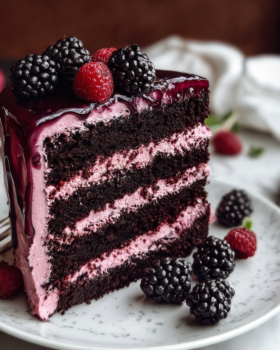 The image shows a three-layer dark chocolate cake with bright pink frosting spread thickly between each layer and covering the outside. The top layer is glossy with a shiny purple berry glaze that looks wet and fresh. The cake is decorated with fresh blackberries and a few red raspberries on top, adding contrast with their shiny, textured skin. Some blackberries sit on the white plate next to the cake slice, which sits on a white marbled surface. The background is softly blurred to keep the focus on the cake. photo taken with an iphone --ar 4:5 --v 7