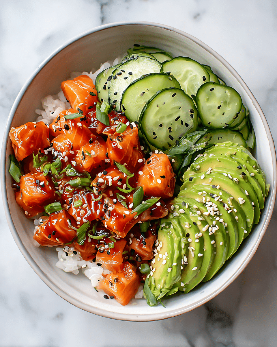The image shows a white plate piled high with around three layers of crispy, golden-orange fried cubes that look crunchy and coated in a reddish-brown spicy sauce. The cubes are sprinkled with coarse textured seasoning, black sesame seeds, and thinly sliced bright green scallions scattered on top and between the layers. Around the plate edges, the sauce pools slightly, adding a glossy shine to the cubes. In the blurry background, a white bowl with a dark dipping sauce containing some seeds is visible, all set on a white marbled surface. photo taken with an iphone --ar 4:5 --v 7