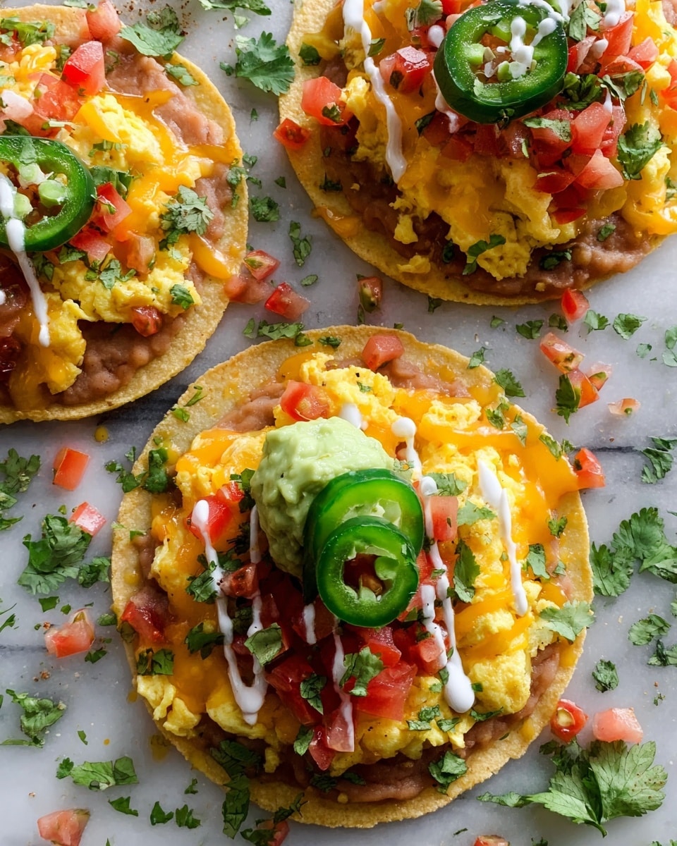 The image shows small round tostadas on a white marbled surface. Each tostada has a base layer of refried beans topped with scrambled eggs and melted yellow and white cheese. On top of the eggs, there are scattered diced red tomatoes and chopped green herbs, mainly cilantro and chives. One tostada also has a dollop of green guacamole and a slice of fresh green jalapeño placed on top. A light drizzle of white sauce is spread unevenly over the layers. Around the tostadas, more chopped herbs and tomato pieces are scattered casually. The photo taken with an iphone --ar 4:5 --v 7