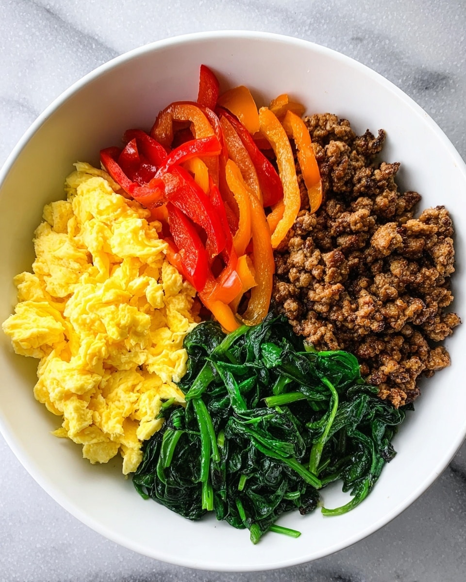 A white bowl with four sections of food placed on a white marbled surface. The top left section has a fluffy layer of yellow scrambled eggs with a soft, slightly moist texture. To the top right, there is a pile of cooked ground meat with a crumbly and slightly greasy brown texture. Below the meat, bright red and orange sliced bell peppers stir-fried to a tender but slightly crisp texture form a colorful layer. The bottom left is filled with dark green cooked spinach that looks wilted and glossy with some visible stems. The ingredients are neatly separated without mixing. Photo taken with an iphone --ar 4:5 --v 7