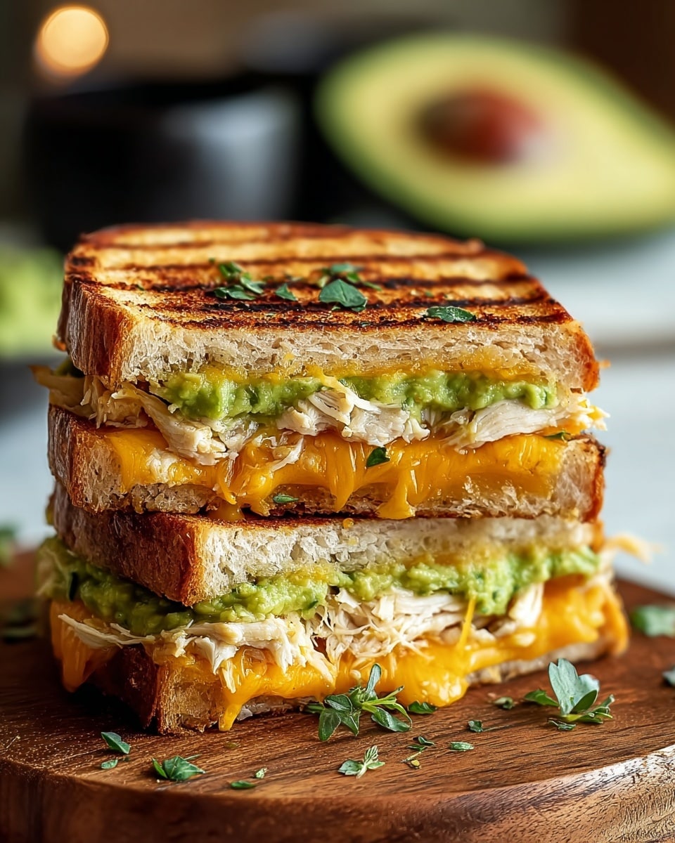 A close-up of a toasted sandwich cut in half and stacked on a white marbled surface, showing two main layers inside; the bottom and top layers are golden-brown grilled bread with crisp, dark grill marks, the middle filling layer is made of shredded white chicken and melted orange cheddar cheese, topped with a thick spread of bright green guacamole, with small fresh herb leaves scattered on top and around for garnish. photo taken with an iphone --ar 4:5 --v 7