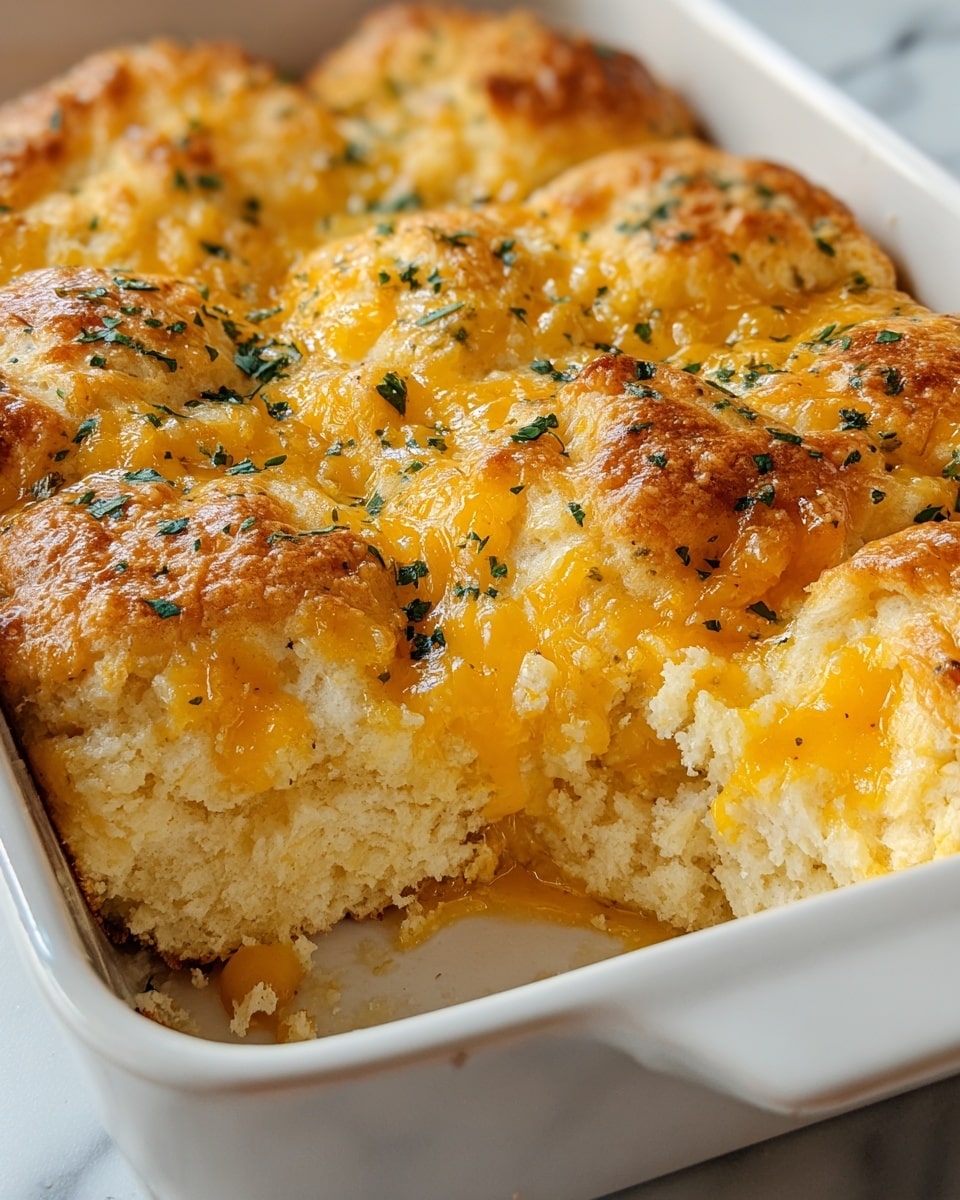 The image shows a white rectangular baking dish filled with a layered cheesy biscuit casserole. The top layer is golden brown, slightly crispy biscuit dough with a melted, bubbly orange-yellow cheese coating and sprinkled with chopped green herbs. Below the top layer, there is a soft, thick biscuit layer with a porous, fluffy texture. Sandwiched between this and the bottom is a creamy, melted cheese layer that is gooey and vibrant yellow-orange. The dish sits on a white marbled surface, and a portion of the biscuit has been removed, showing the soft interior layers clearly. photo taken with an iphone --ar 4:5 --v 7
