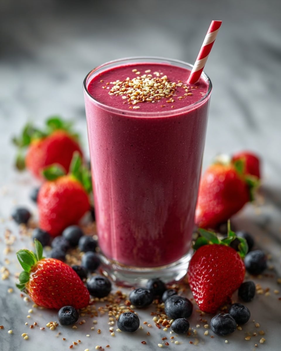 A tall clear glass filled with a thick pink smoothie, showing a smooth texture with tiny dark specks. On top, there is a small pile of light brown powder sprinkled evenly. A red and white striped paper straw is placed upright on the right side of the glass. Around the glass, fresh whole strawberries with green leaves and plump blueberries are scattered, along with some loose light brown powder on the surface. The background is a white marbled texture. photo taken with an iphone --ar 4:5 --v 7