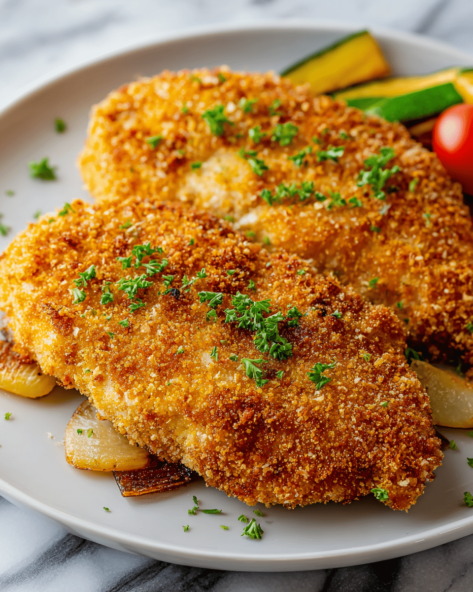 Two pieces of golden brown, crispy breaded chicken breasts are placed side by side on a white plate. The breading is coarse, crunchy, and evenly covers the chicken, with small bits of green parsley sprinkled on top for color. Underneath and around the chicken, there are slightly charred, chunky yellow onion pieces and a few slices of green zucchini and a small red tomato partly visible at the edge. The plate is set on a white marbled surface. photo taken with an iphone --ar 4:5 --v 7
