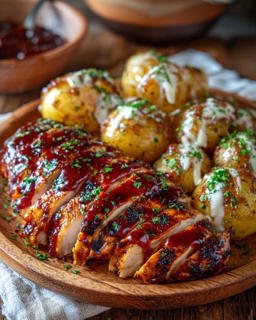 Honey BBQ Chicken with Creamy Garlic Parmesan Potatoes Recipe